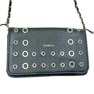 BEBE black pebble leather crossbody gold chain purse wallet